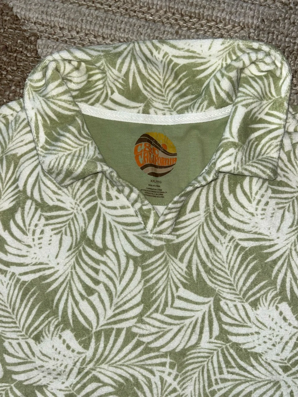 C&C California Olive Green and White Leaf Print Loungewear Set with Retro Logo